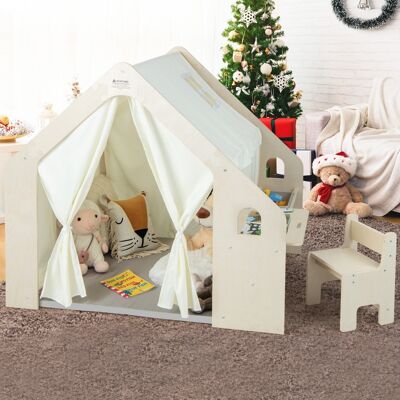 Costway Tenda da gioco per bambini 6-in-1 in legno per interni con lavagna scrivania sedia, Casetta da gioco in legno Beige Costway Tenda da gioco per bambini 6-in-1 in legno per interni con lavagna scrivania sedia, Casetta da gioco in legno Beige