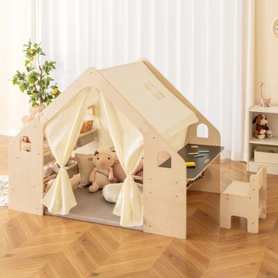 Costway Tenda da gioco per bambini 6-in-1 in legno per interni con lavagna scrivania sedia, Casetta da gioco con tende Beige Costway Tenda da gioco per bambini 6-in-1 in legno per interni con lavagna scrivania sedia, Casetta da gioco con tende Beige