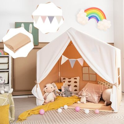Costway Tenda gioco per bambini con tappetino lavabile e bandiera, Tenda con finestre struttura in legno Marrone Costway Tenda gioco per bambini con tappetino lavabile e bandiera, Tenda con finestre struttura in legno Marrone
