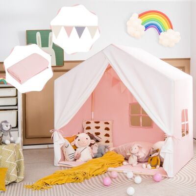 Costway Tenda gioco per bambini con tappetino lavabile e bandiera, Tenda con finestre struttura in legno Rosa Costway Tenda gioco per bambini con tappetino lavabile e bandiera, Tenda con finestre struttura in legno Rosa