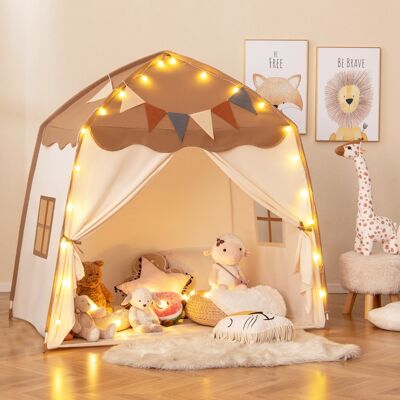 Costway Tenda da gioco per bambini portatile e lavabile in lavatrice, Tenda da letto con bandiere e luci a globo Marrone Costway Tenda da gioco per bambini portatile e lavabile in lavatrice, Tenda da letto con bandiere e luci a globo Marrone