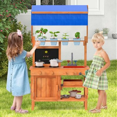 Costway Cucina da gioco in legno cucina da gioco con tetto regolabile, Lavagna tazze per piante fornelli Naturale 136x77x56,5 cm Costway Cucina da gioco in legno cucina da gioco con tetto regolabile, Lavagna tazze per piante fornelli Naturale 136x77x56,5 cm