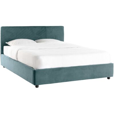 Miliboo Letto contenitore con rete e testata letto con motivi in velluto blu pavone 160 x 200 cm RIGA Miliboo Letto contenitore con rete e testata letto con motivi in velluto blu pavone 160 x 200 cm RIGA