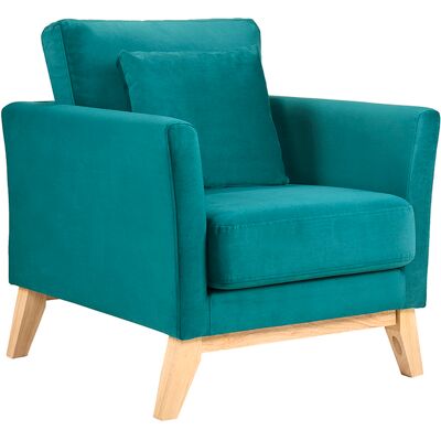 Miliboo Poltrona scandinava velluto petrolio piedi in legno chiaro OSLO Miliboo Poltrona scandinava velluto petrolio piedi in legno chiaro OSLO