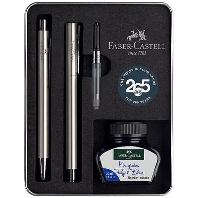 Faber-Castell Set stilografica media e penna a sfera Neo Slim argento lucido argento Faber-Castell Set stilografica media e penna a sfera Neo Slim argento lucido argento