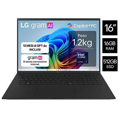 LG Notebook gram 16"; Copilot+ PC, Windows 11 Home, Ultra 7, 16GB RAM, 512GB SSD, Nero - 16Z90TL-G.AU78D IT LG Notebook gram 16"; Copilot+ PC, Windows 11 Home, Ultra 7, 16GB RAM, 512GB SSD, Nero - 16Z90TL-G.AU78D IT