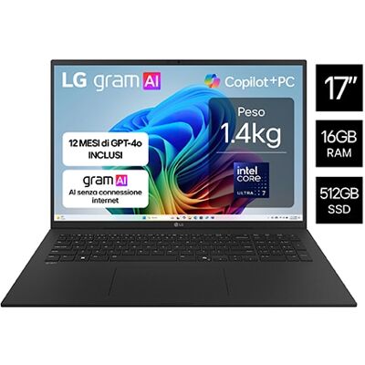LG Notebook gram 17"; Copilot+ PC, Windows 11 Home, Ultra 7, 16GB RAM, 512GB SSD, Nero - 17Z90TL-G.AU75DN IT LG Notebook gram 17"; Copilot+ PC, Windows 11 Home, Ultra 7, 16GB RAM, 512GB SSD, Nero - 17Z90TL-G.AU75DN IT
