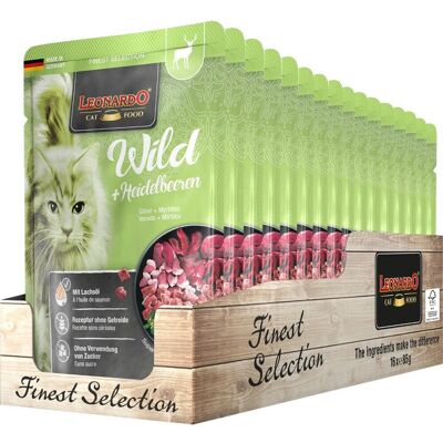 16 x 85 g Leonardo Finest Alimento Cibo Umido per Gatti Adulti Ricetta Senza Cereali e Zucchero con Selvaggina Mirtilli e Olio di Salmone 16 x 85 g Leonardo Finest Alimento Cibo Umido per Gatti Adulti Ricetta Senza Cereali e Zucchero con Selvaggina Mirtilli e Olio di Salmone
