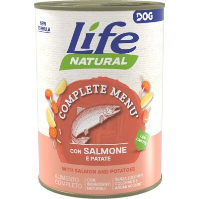 1 x 400 g Life Natural Dog Complete Menù Lattina Alimento Completo Cibo Umido Naturale per Cani Adulti con Salmone Patate e Carote 1 x 400 g Life Natural Dog Complete Menù Lattina Alimento Completo Cibo Umido Naturale per Cani Adulti con Salmone Patate e Carote