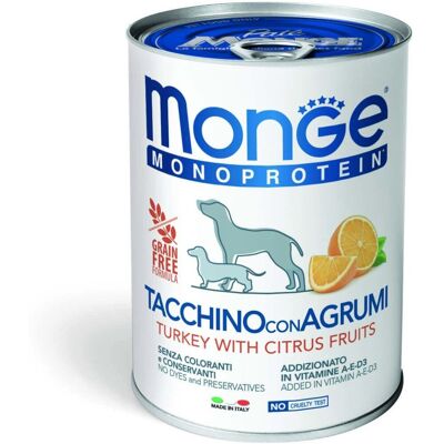 400 g Monge Monoprotein Alimento Completo Monoproteico Cibo Umido Paté con Frutta per Cani Adulti con Tacchino e Agrumi Grain e Gluten Free 400 g Monge Monoprotein Alimento Completo Monoproteico Cibo Umido Paté con Frutta per Cani Adulti con Tacchino e Agrumi Grain e Gluten Free
