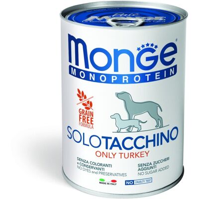 400 g Monge Monoprotein Alimento Completo Monoproteico Cibo Umido Paté per Cani Adulti con Solo Tacchino Grain Free e Gluten Free 400 g Monge Monoprotein Alimento Completo Monoproteico Cibo Umido Paté per Cani Adulti con Solo Tacchino Grain Free e Gluten Free