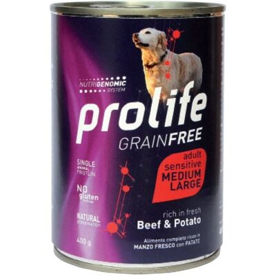 400 g Prolife Grain Free Sensitive Beef & Potato Alimento Cibo Umido per Cani Adulti di Taglia Media e Grande con Manzo Fresco e Patate 400 g Prolife Grain Free Sensitive Beef & Potato Alimento Cibo Umido per Cani Adulti di Taglia Media e Grande con Manzo Fresco e Patate