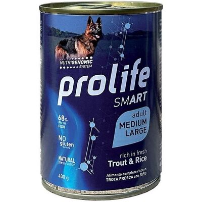 400 g Prolife Smart Adult Trout & Rice Alimento Cibo Umido per Cani Adulti di Taglia Media e Grande con Trota Fresca e Riso No Gluten 400 g Prolife Smart Adult Trout & Rice Alimento Cibo Umido per Cani Adulti di Taglia Media e Grande con Trota Fresca e Riso No Gluten