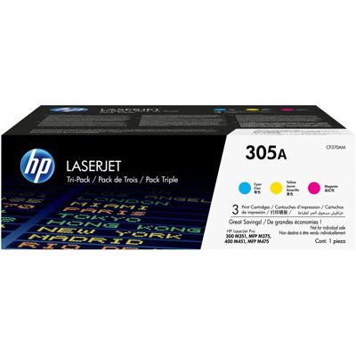 Hp confezione da 3 cartucce originali di toner ciano/magenta/giallo laserjet 305a Hp confezione da 3 cartucce originali di toner ciano/magenta/giallo laserjet 305a