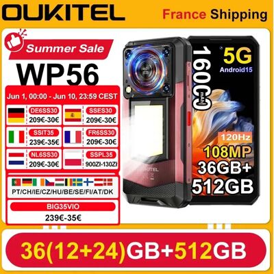 OUKITEL Smartphone WP56 36GB (12+24) 512GB Android 15 16000 mAh 45W Lampe de camping 6.8'' 120Hz 128dB 108 MP 5G Telefono cellulare nero OUKITEL Smartphone WP56 36GB (12+24) 512GB Android 15 16000 mAh 45W Lampe de camping 6.8'' 120Hz 128dB 108 MP 5G Telefono cellulare nero