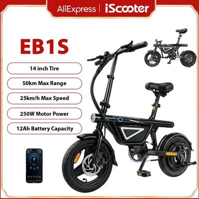 iScooter Bicicletta Elettrica EB1S da 14 Pollici, Motore 250W, Batteria 12Ah, Autonomia 30-50km, 3 Velocità, Velocità Massima 25km/h, Sospensione Centrale, E-Bike Pieghevole per Città, Bicicletta Elettrica per nero iScooter Bicicletta Elettrica EB1S da 14 Pollici, Motore 250W, Batteria 12Ah, Autonomia 30-50km, 3 Velocità, Velocità Massima 25km/h, Sospensione Centrale, E-Bike Pieghevole per Città, Bicicletta Elettrica per nero