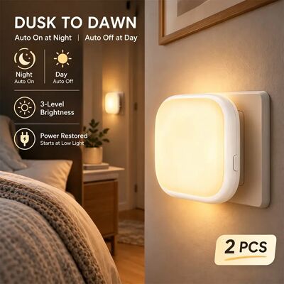Lureshine Confezione da 2 luci notturne a LED da inserire in prese, con sensore che si attiva al tramonto e si spegne all’alba, 3 livelli di luminosità regolabile (luce bianca calda 2700K), accensione e Lureshine Confezione da 2 luci notturne a LED da inserire in prese, con sensore che si attiva al tramonto e si spegne all’alba, 3 livelli di luminosità regolabile (luce bianca calda 2700K), accensione e
