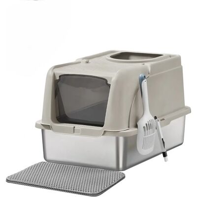FEANDREA Lettiera per Gatti in Acciaio Inox con Coperchio Ribaltabile, Lettiera XL, Antigoccia, Paletta, Spazzola, Doppio Ingresso, Capacità 15 kg, da Appoggio, Grigio Tortora/Beige Cappuccino/Nero FEANDREA Lettiera per Gatti in Acciaio Inox con Coperchio Ribaltabile, Lettiera XL, Antigoccia, Paletta, Spazzola, Doppio Ingresso, Capacità 15 kg, da Appoggio, Grigio Tortora/Beige Cappuccino/Nero