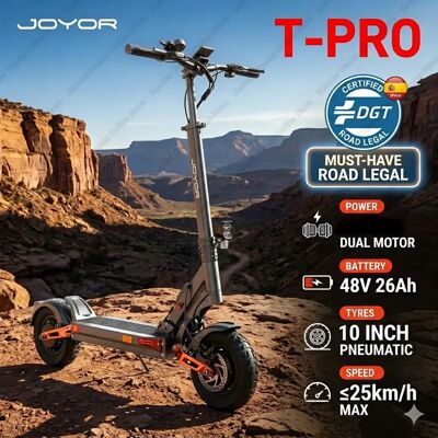 JOYOR Monopattino Elettrico T-PRO con Certificazione DGT, Doppio Motore, Conforme alla Certificazione per la Circolazione Stradale Spagnola, Autonomia 90KM e Velocità 25km/h, Pneumatici da 10'', 1000W Dual Motor 48V26Ah JOYOR Monopattino Elettrico T-PRO con Certificazione DGT, Doppio Motore, Conforme alla Certificazione per la Circolazione Stradale Spagnola, Autonomia 90KM e Velocità 25km/h, Pneumatici da 10'', 1000W Dual Motor 48V26Ah