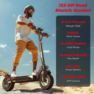 iScooter Monopattino Elettrico iX3 1000W 40km/h per Adulti, Pneumatici Fuoristrada da 10 Pollici, Batteria 48V10Ah, Autonomia 30-40km, Monopattini Pieghevoli con APP iX3 iScooter Monopattino Elettrico iX3 1000W 40km/h per Adulti, Pneumatici Fuoristrada da 10 Pollici, Batteria 48V10Ah, Autonomia 30-40km, Monopattini Pieghevoli con APP iX3