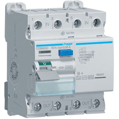 Hager CDB663D Interruttore di corrente residua - 4 poli, 10kA, 63A, 30mA, Tipo B+ Hager CDB663D Interruttore di corrente residua - 4 poli, 10kA, 63A, 30mA, Tipo B+