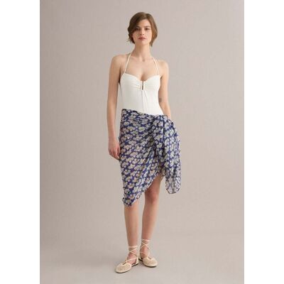PIOMBO , Sarong Blu In Puro Cotone Con Stampa Floreale, Donna, Bianco, Taglia: ONE SIZE PIOMBO , Sarong Blu In Puro Cotone Con Stampa Floreale, Donna, Bianco, Taglia: ONE SIZE