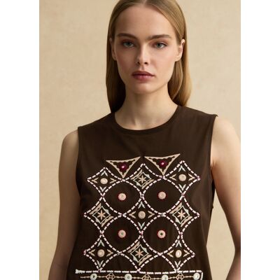 LES COPAINS , Tank Top In Puro Cotone Marrone Regular Fit Con Ricami, Donna, Marrone, Taglia: M LES COPAINS , Tank Top In Puro Cotone Marrone Regular Fit Con Ricami, Donna, Marrone, Taglia: M