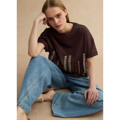 LES COPAINS , T-shirt In Puro Cotone Marrone Regular Fit Con Ricami, Donna, Marrone, Taglia: S LES COPAINS , T-shirt In Puro Cotone Marrone Regular Fit Con Ricami, Donna, Marrone, Taglia: S
