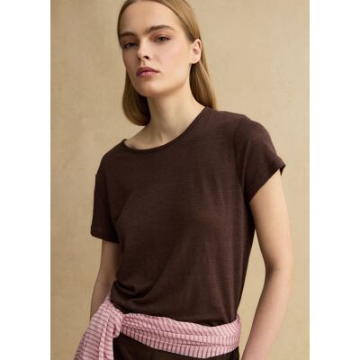 LES COPAINS , T-shirt A Maniche Corte Marrone In Puro Lino Regular Fit, Donna, Marrone, Taglia: XXL LES COPAINS , T-shirt A Maniche Corte Marrone In Puro Lino Regular Fit, Donna, Marrone, Taglia: XXL