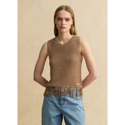LES COPAINS , Top Beige In Misto Viscosa Traforato Con Frange, Donna, Beige, Taglia: XS LES COPAINS , Top Beige In Misto Viscosa Traforato Con Frange, Donna, Beige, Taglia: XS