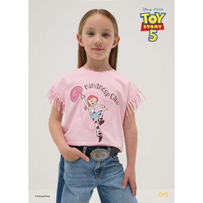 Disney , T-shirt Rosa In Puro Cotone Con Frange Sulle Maniche E Stampa Toy Story, Bambina, Rosa, Taglia: 6-7 Disney , T-shirt Rosa In Puro Cotone Con Frange Sulle Maniche E Stampa Toy Story, Bambina, Rosa, Taglia: 6-7