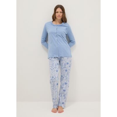 OVS , Pigiama Azzurro In Puro Cotone Regular Fit Con Dettagli Floreali, Donna, Azzurro, Taglia: 46 OVS , Pigiama Azzurro In Puro Cotone Regular Fit Con Dettagli Floreali, Donna, Azzurro, Taglia: 46