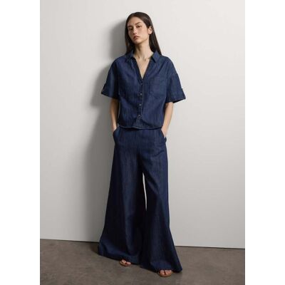 Stefanel - Pantaloni denim blu in misto cotone, lino e viscosa wide leg, Donna, Lavaggio scuro, Taglia 42 Stefanel - Pantaloni denim blu in misto cotone, lino e viscosa wide leg, Donna, Lavaggio scuro, Taglia 42