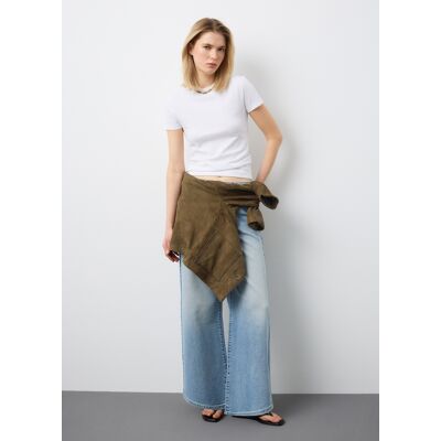 Stefanel - Jeans in cotone denim elasticizzato azzurro wide leg, Donna, Azzurro chiaro, Taglia 48 Stefanel - Jeans in cotone denim elasticizzato azzurro wide leg, Donna, Azzurro chiaro, Taglia 48