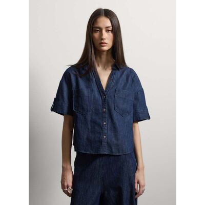 Stefanel - Camicia denim blu in misto cotone, lino e viscosa oversize fit, Donna, Lavaggio scuro, Taglia M Stefanel - Camicia denim blu in misto cotone, lino e viscosa oversize fit, Donna, Lavaggio scuro, Taglia M