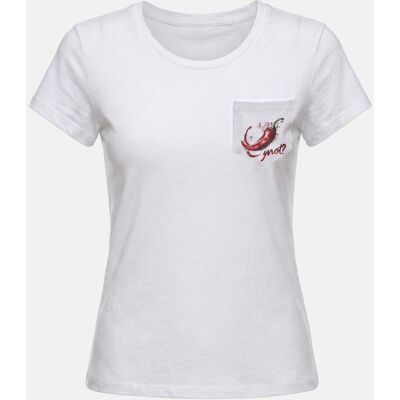 Ynot ? T-Shirt Donna Bianca Fit Con Taschino E Peperoncino M Ynot ? T-Shirt Donna Bianca Fit Con Taschino E Peperoncino M