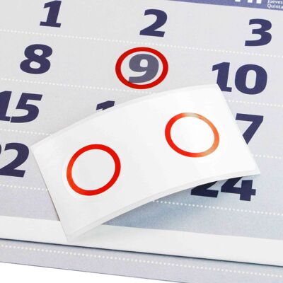SPRINTIS 100 Unità - Segnagiorno statico per calendari, ø = 25 mm, bordo rosso traslucido, PVC, trasparente SPRINTIS 100 Unità - Segnagiorno statico per calendari, ø = 25 mm, bordo rosso traslucido, PVC, trasparente