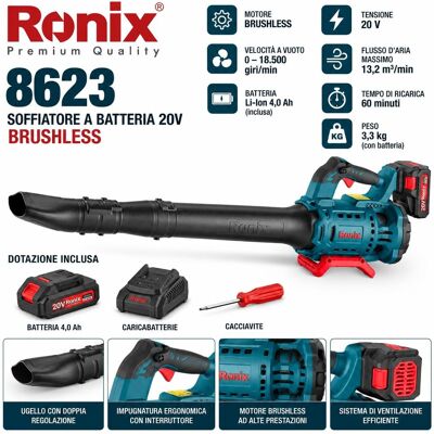 Ronix Soffiatore brushless 20v 18500rpm bat.4ah inclusa Ronix Soffiatore brushless 20v 18500rpm bat.4ah inclusa