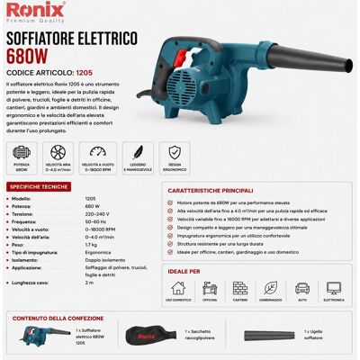 Ronix Soffiatore industriale elettrico da 680w Ronix Soffiatore industriale elettrico da 680w