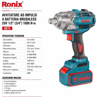 Ronix Avvitatore brushless 20v 3/4 di pollice 1000n.m. 2batt.4ah Ronix Avvitatore brushless 20v 3/4 di pollice 1000n.m. 2batt.4ah