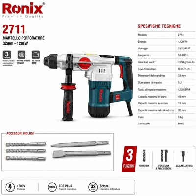 Ronix Martello perforatore 1200w 32mm 5j sds plus + 5 punte Ronix Martello perforatore 1200w 32mm 5j sds plus + 5 punte