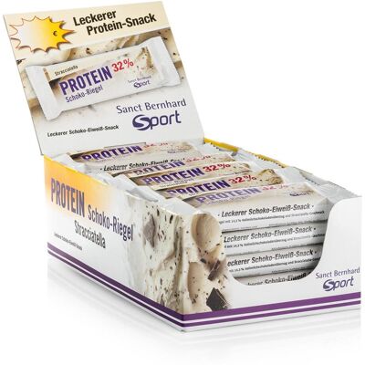 Kräuterhaus Sanct Bernhard Sanct Bernhard Sport Barretta di cioccolato con il 32% di proteine stracciatella confezione da 20 Kräuterhaus Sanct Bernhard Sanct Bernhard Sport Barretta di cioccolato con il 32% di proteine stracciatella confezione da 20
