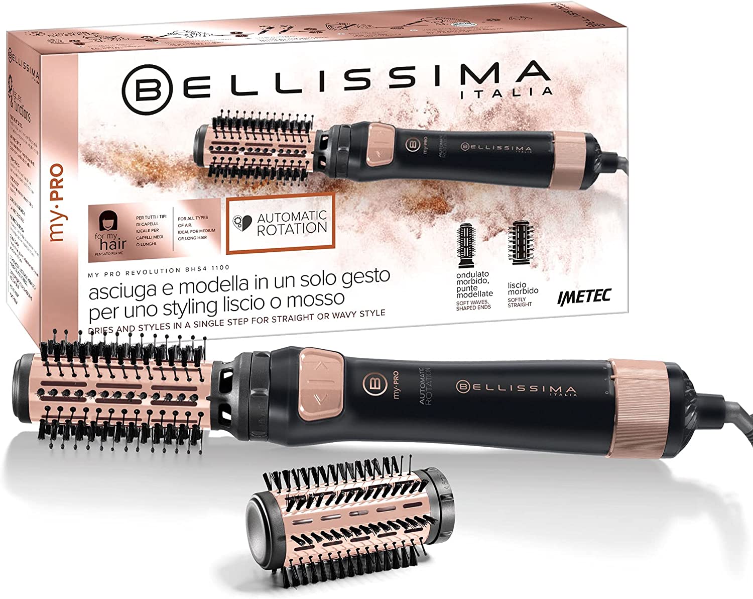 imetec bhs4 1100 spazzola per capelli elettrica ioni potenza 1000 watt + accessori colore nero rosa - bhs4 1100 bellissima my pro revolution