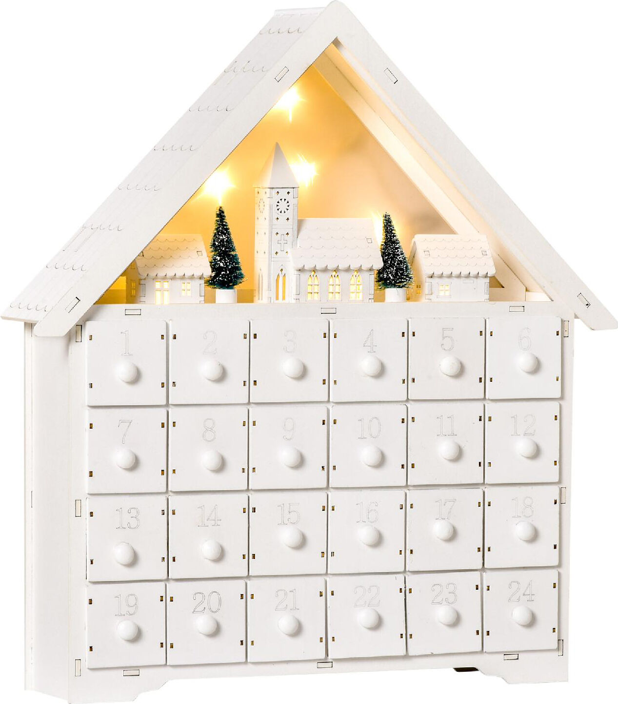 dechome 416 calendario dell'avvento in legno 24 cassetti e villaggio di natale con alberi e luci 39x9x42cm bianco