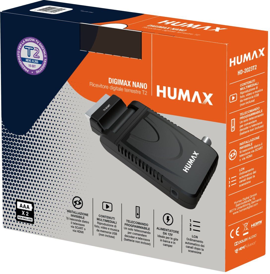 humax hd-2023t decoder digitale terrestre dvb-t2 hevc mpeg-4 full hd colore nero - hd-2023t2