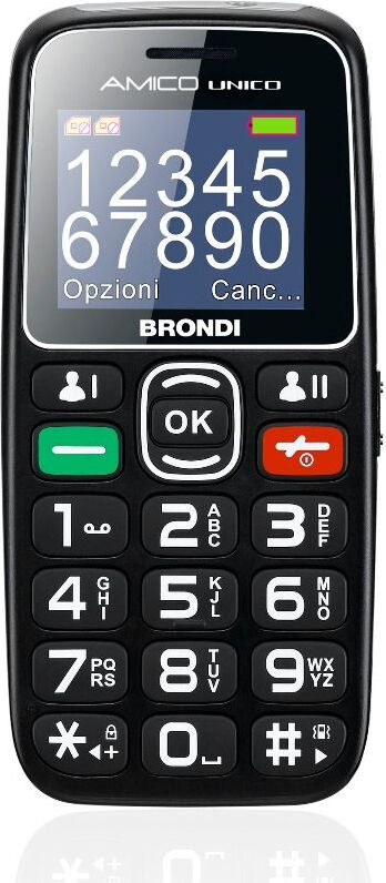 Brondi 10276090 Amico Unico - Telefono Cellulare Dual Sim Display 1.8" Batteria 600 Mah Con Tasti Grandi Sos Torcia Led Radio Fm E Bluetooth Colore Nero - 10276090