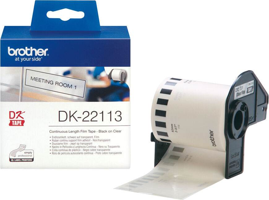 brother dk22113 nastro per etichettatrice adesivo pellicola nero/trasparente 62mm - dk-22113