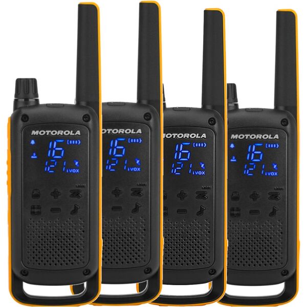 motorola 59t82exquadpack ricetrasmittente walkie talkie 16 canali 500 mw ipx4 ricaricabile usb colore nero / arancione - talkabout t82 extreme quad pack