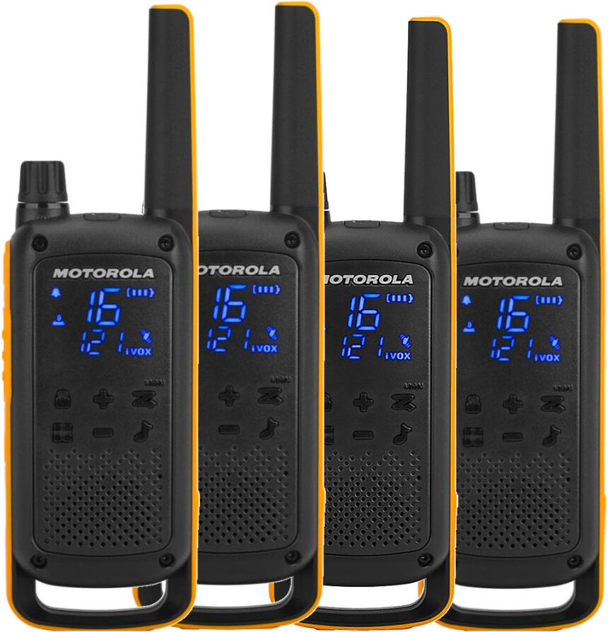 motorola 59t82exquadpack ricetrasmittente walkie talkie 16 canali 500 mw ipx4 ricaricabile usb colore nero / arancione - talkabout t82 extreme quad pack