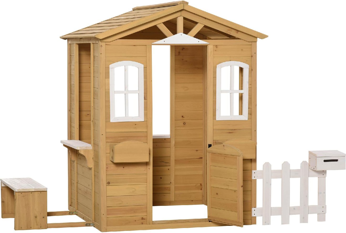 vivagarden 20345 casetta per bambini in legno con finestre staccionata portavasi e panca 110x107x140cm - 20345